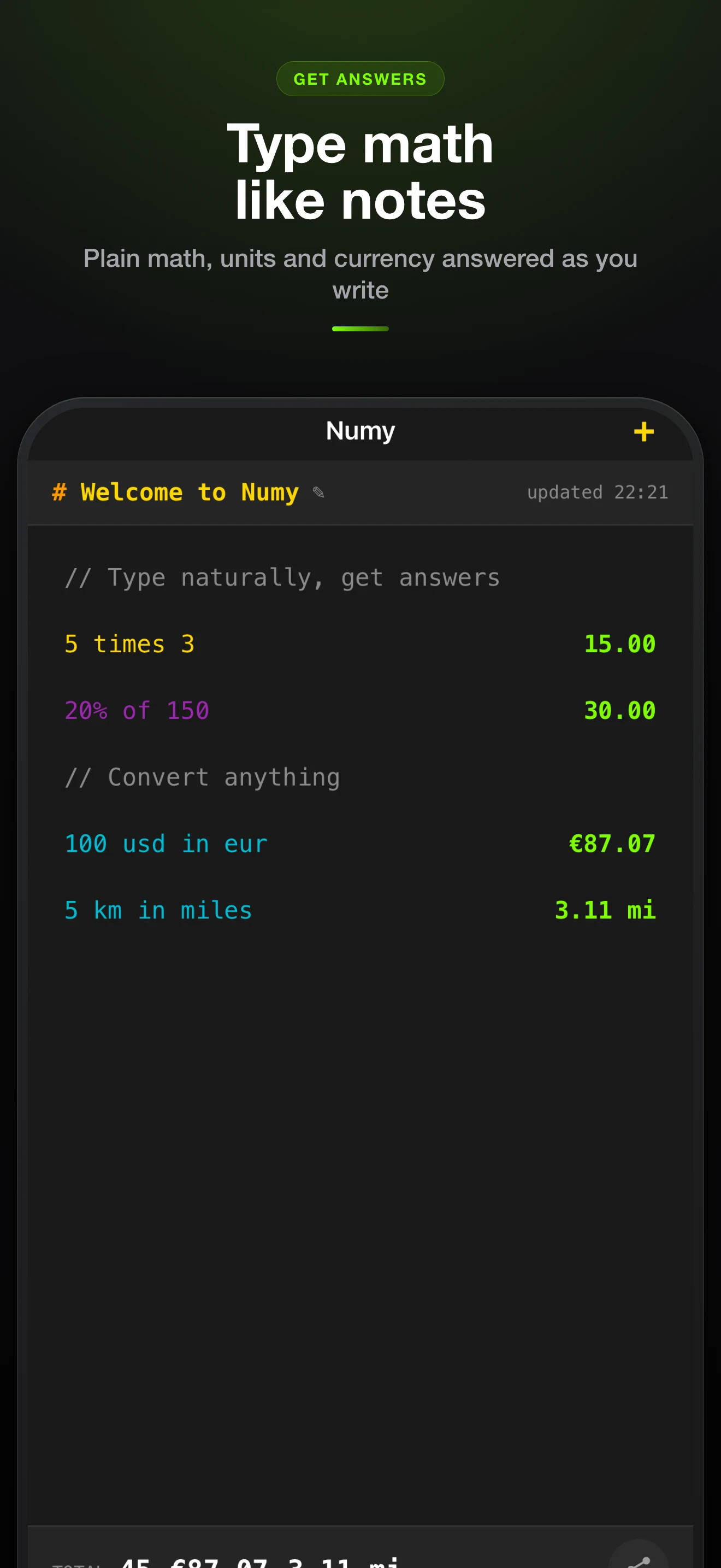 Numy calculating discounts, currency, and unit conversions line by line